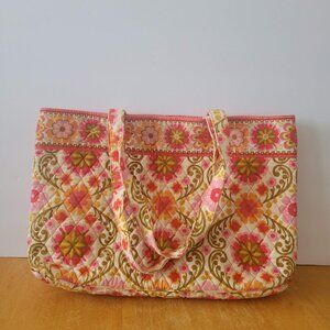 Vera Bradley Folkloric Pink Orange Quilted Flower Double Strap Tote Bag Purse